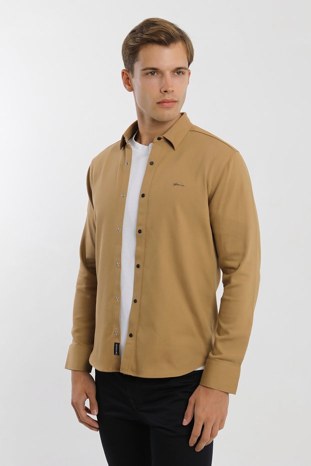 Collar Buttoned Long Sleeve Snap Fastener Lycra Cotton Men's Shirt