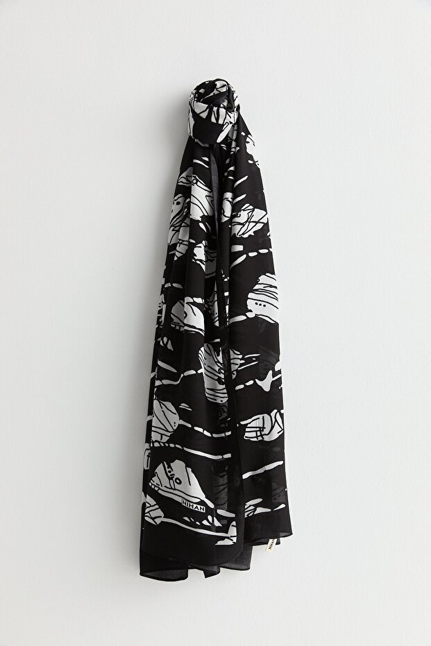 Patterned Viscose Silk Shawl Black