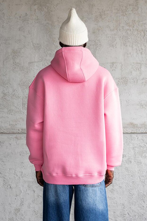 Erkek Oversize Basic Kapüşonlu Sweatshirt Pembe - 3