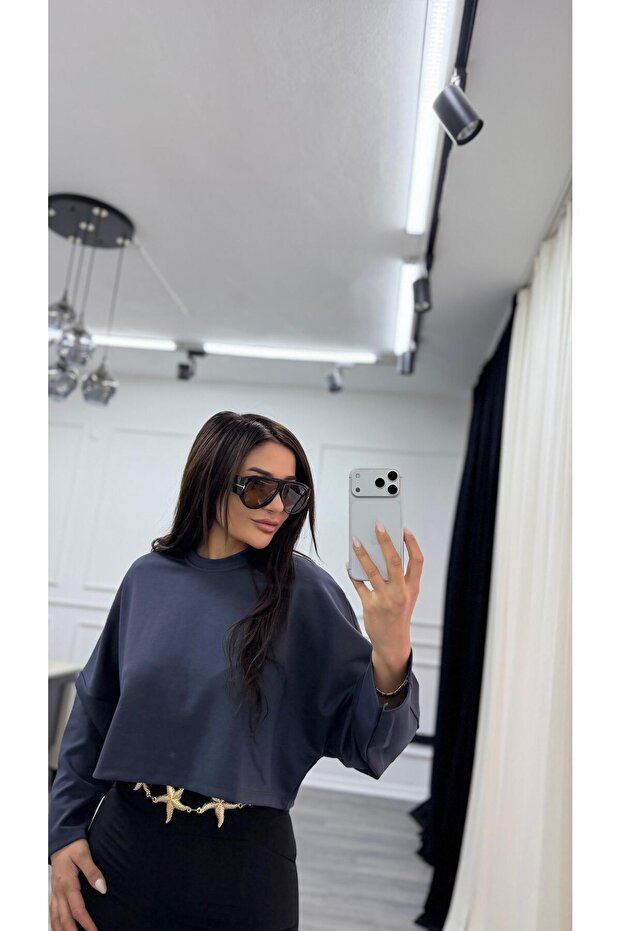 Antrasit Bisiklet Yaka Oversize Sweatshirt - 3