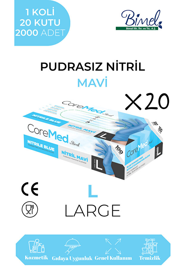 Nitrile Blue Powder-Free Examination Gloves L - 1 Box-20 Packs-2000 Pieces