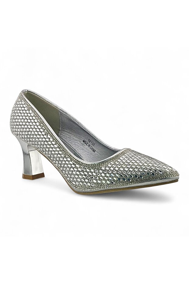 Rhinestone Pointed Toe Mid Heel Pump - 2