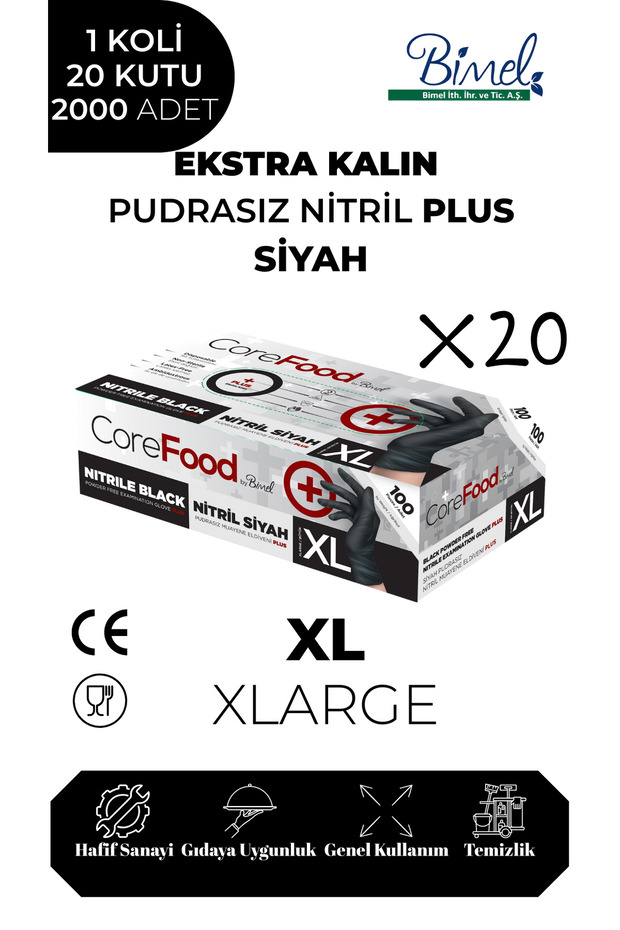 قفازات فحص سميكة للغاية من النتريل الأسود مقاس XL - علبة واحدة - 20 عبوة - 2000 قطعة