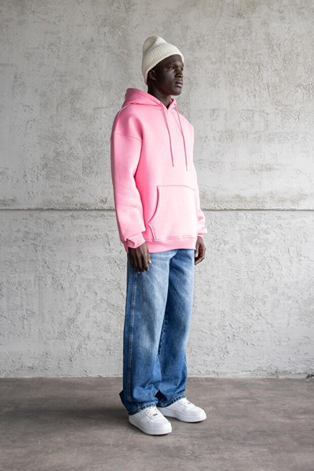 Erkek Oversize Basic Kapüşonlu Sweatshirt Pembe - 5