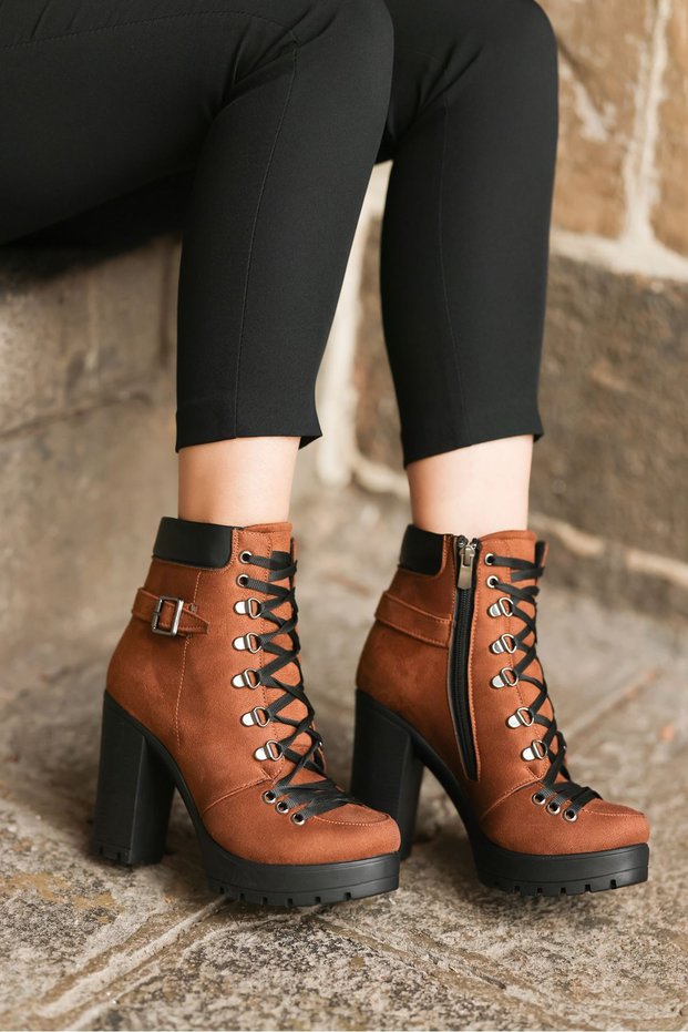 Katia Platform Tan Suede Lace-Up Detailed Side Zipper Women's Boots
