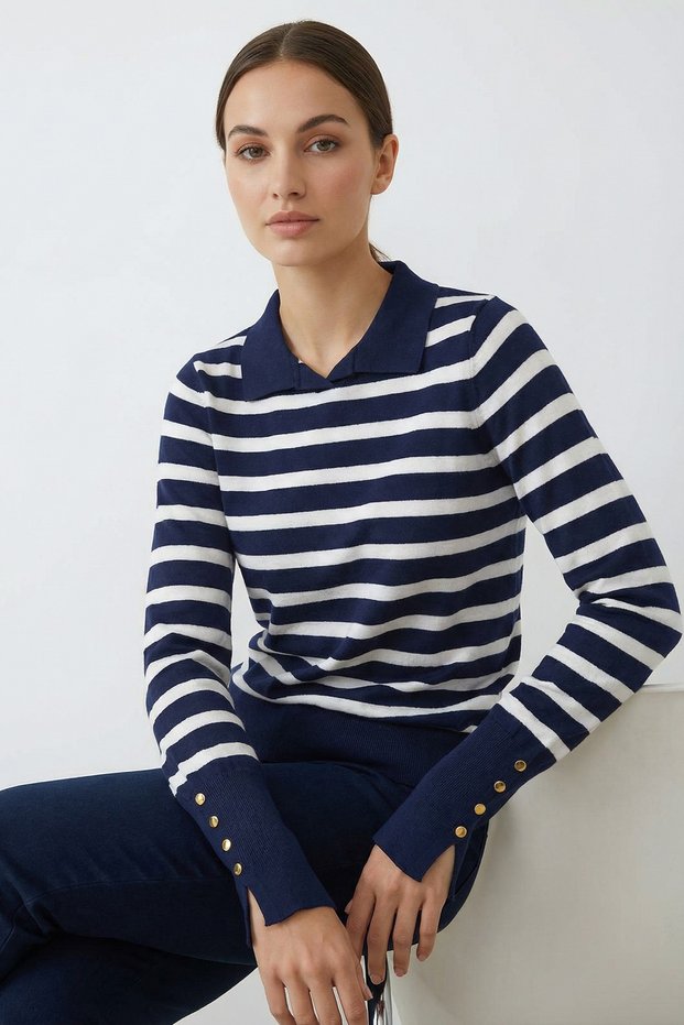 Women's Polo Neck Striped Sweater Navy Blue