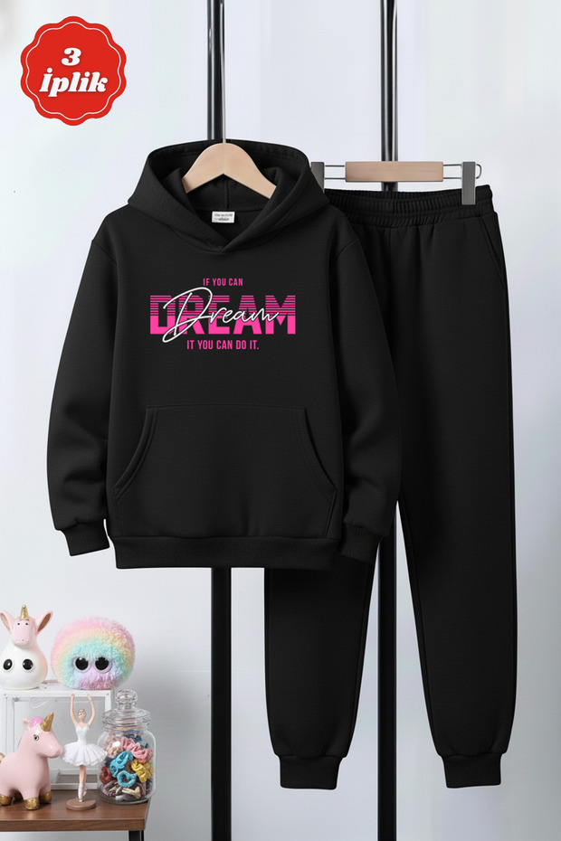 3 İplik Ş Fleece-Lined Winter Kangaroo Pocket Dream Print Detailed K Hooded Girls' Tracksuit Set