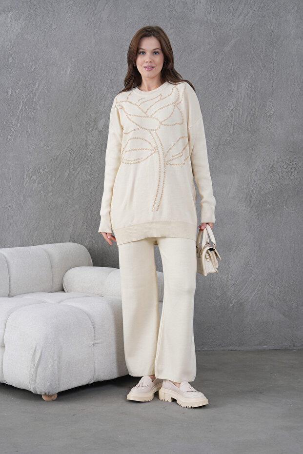 Women's Beaded Front Wide Fit Knit Sweater and Pants Top and Bottom Set