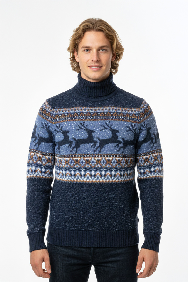 Men's Turtleneck Deer Patterned New Year Concept Sweater