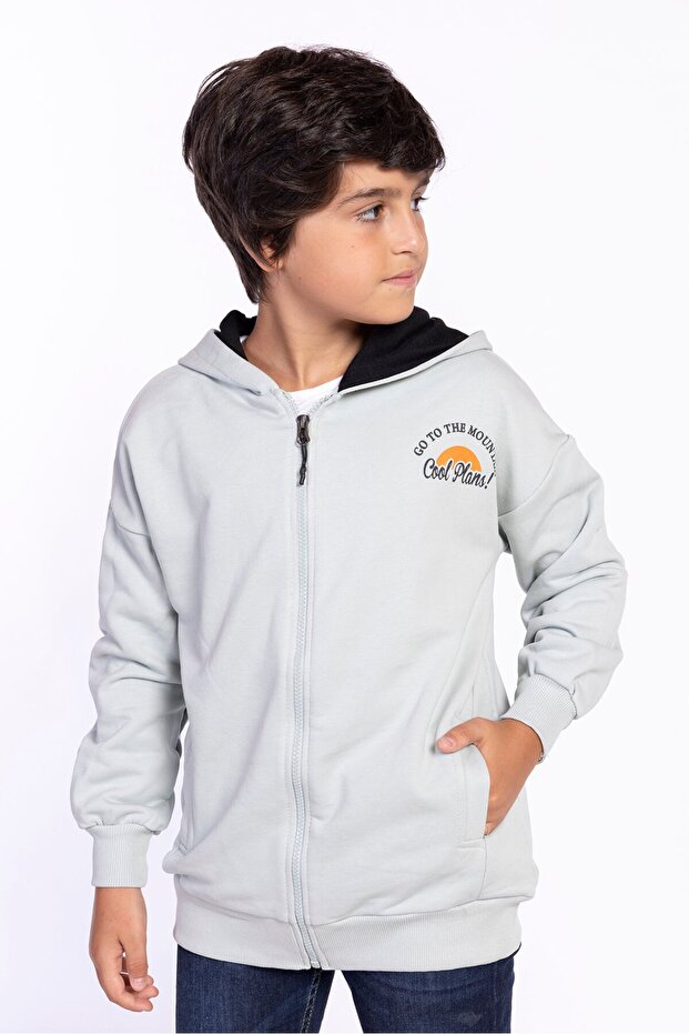 Boys' Hooded Zippered Pockets Low Shoulder Embroidery Printed Knitted Cardigan - 3 Thread Without Embroidery