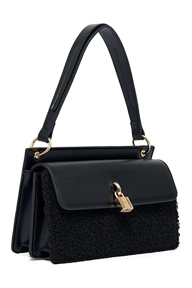 Women's Black Crossbody Hand & Shoulder Bag with Lock Accessory
