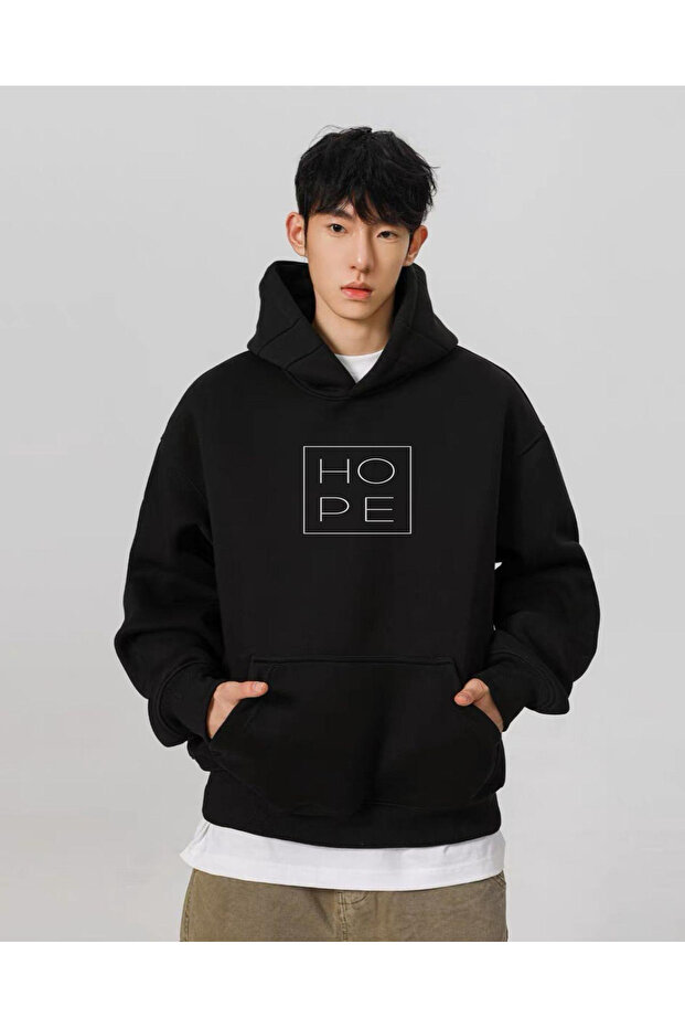 Men's Black Hooded Oversized Sweatshirt Hope Printed
