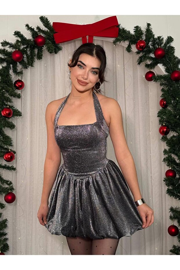 Line Boyun Bağlamalı Mini Elbise - 6