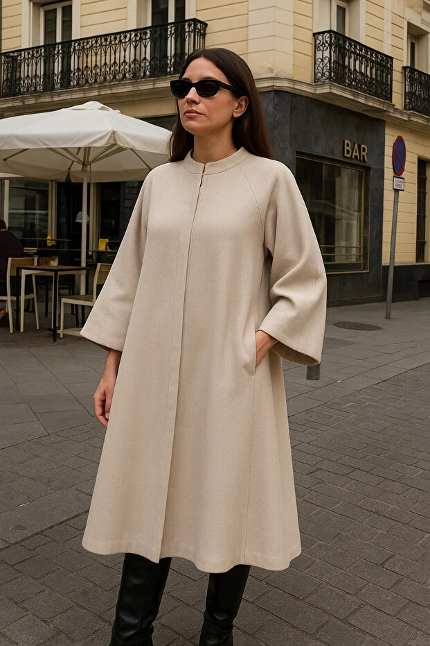 Kadın Premium Basic Uzun Krem Kaşe Kaban - 1