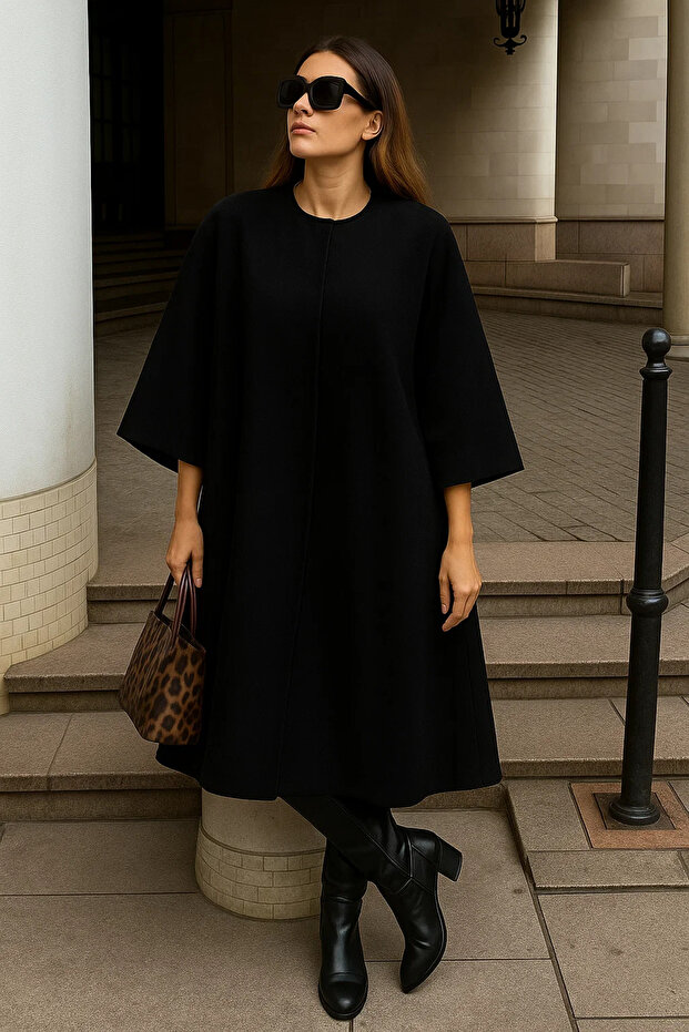 Kadın Oversize Basic Uzun Premium Siyah Kaşe Panço - 4