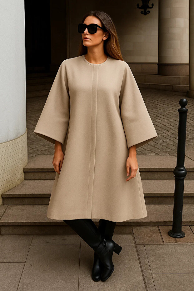 Kadın Oversize Basic Uzun Premium Krem Kaşe Panço - 4