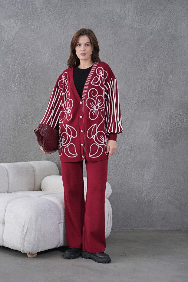 Women's Front Beaded Wide Fit Tr,Ko Cardigan V E Pants Bottom Top Set