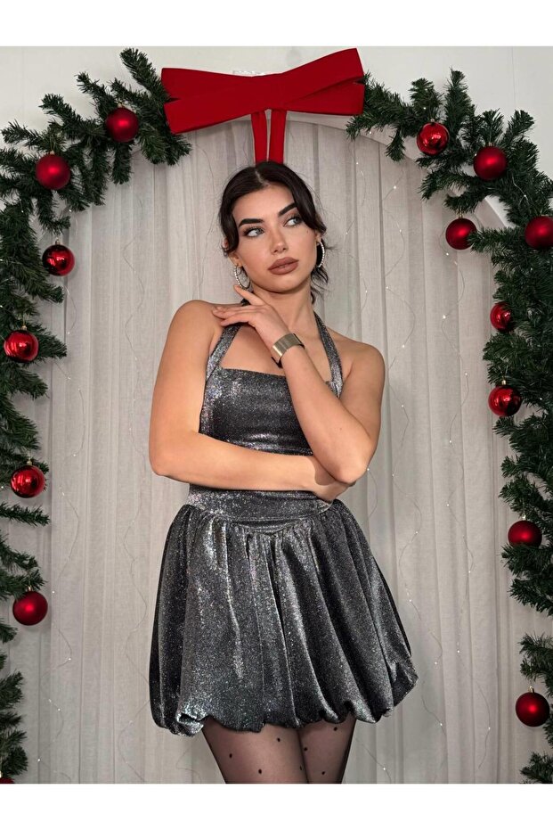 Line Boyun Bağlamalı Mini Elbise - 8