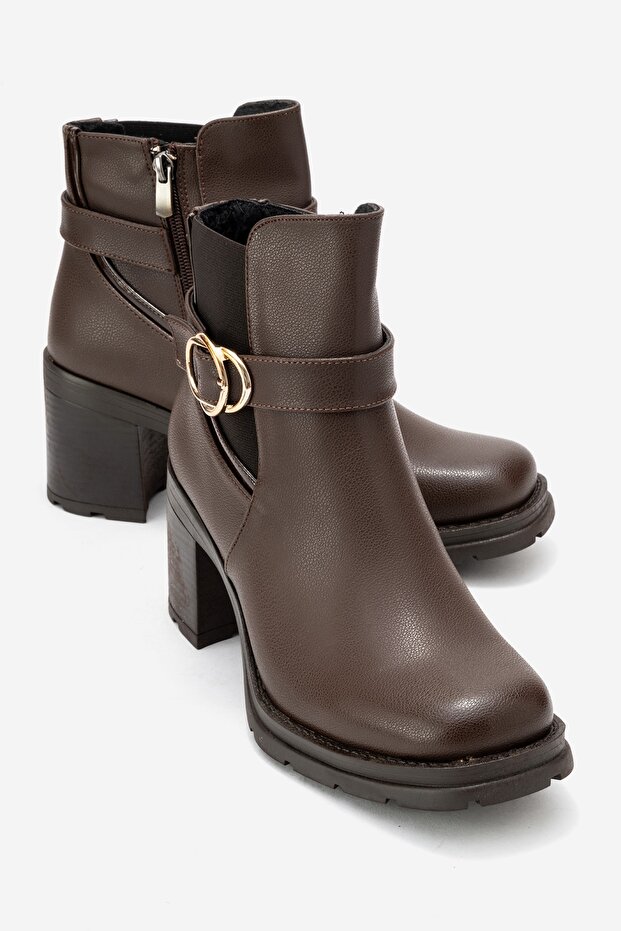 Hei̇le Brown Leather Buckle Women's Thick Heeled Boots