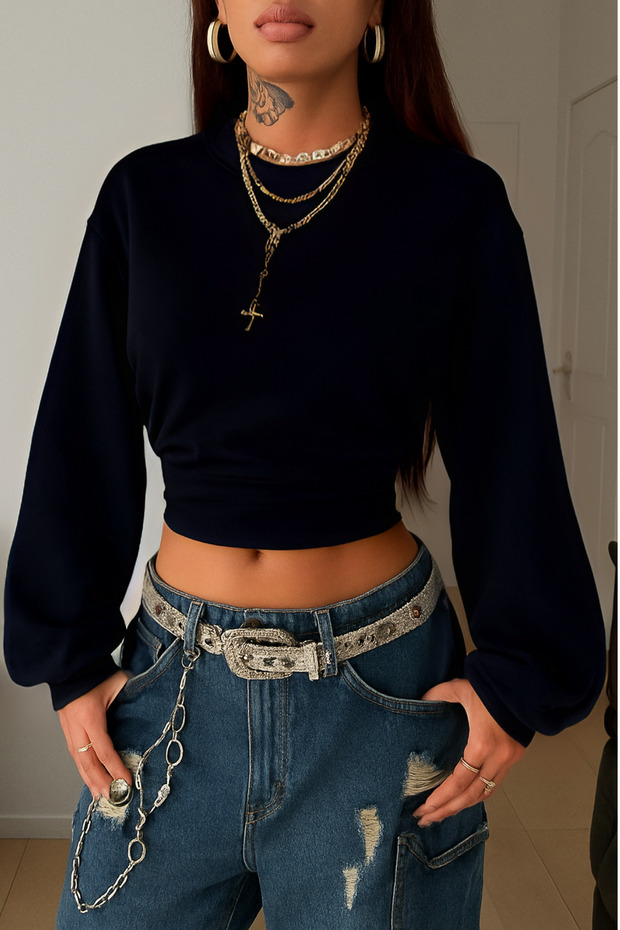 Women's Black Crew Neck Sweatshirt with Fitted Waist Design