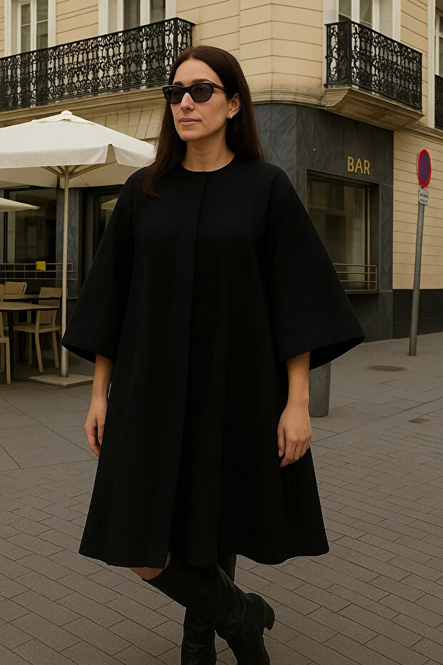 Kadın Premium Basic Uzun Siyah Kaşe Kaban - 4