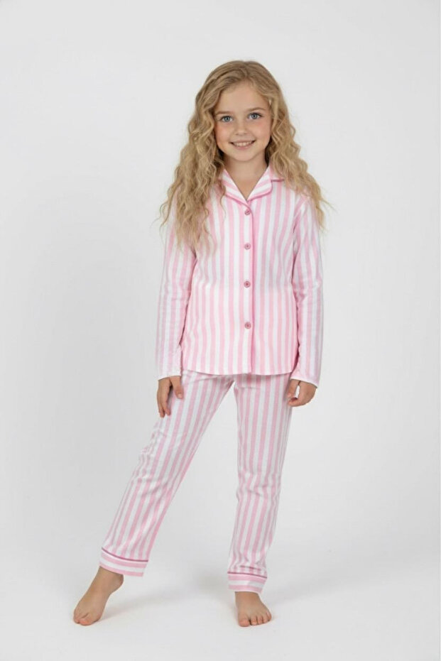 Girls' 100% Cotton Pink White Vertical Striped Long Sleeve Button-Down Pajamas Set Cf-25027
