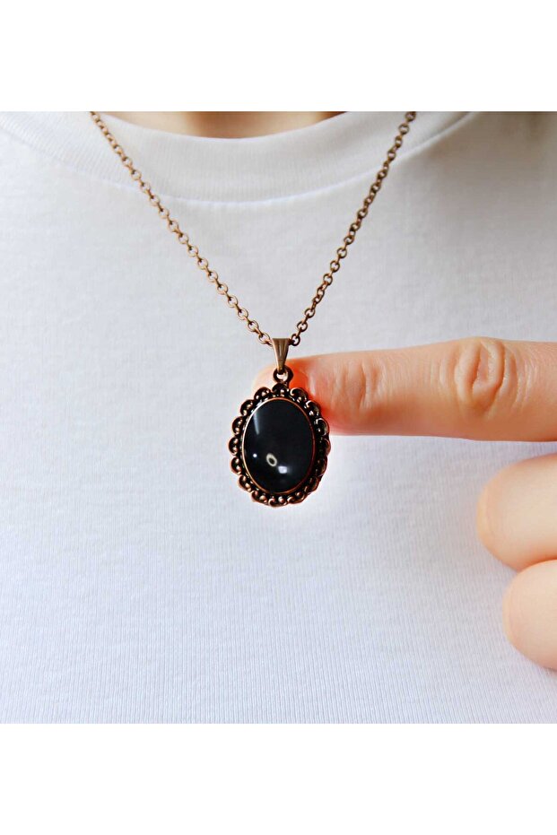 Natural Stone Onyx Natural Stone Patterned Authentic Women's Copper Color Necklace with 45 cm Chain Euk27Bo