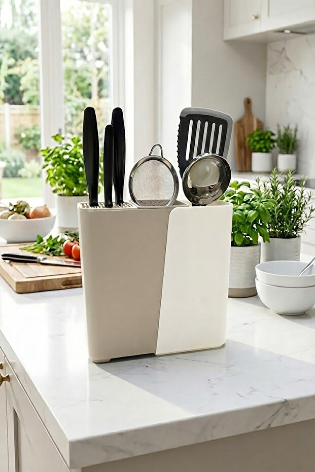 Sliding 3-Compartment Draining Upright Cutlery Holder Knife Rack Indoor Outdoor Use Multi-Purpose Organizer