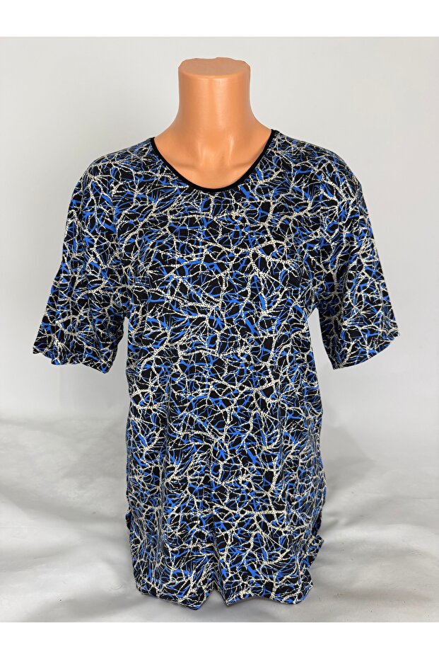 Women's Blue Black U-Neck Short Sleeve Patterned Slit Woven Viscose Mother Combed Cotton T-Shirt