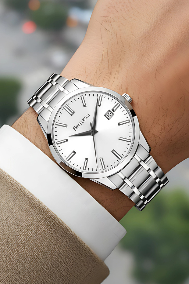 Men's Wristwatch with Calendar Steel Case & Steel Strap Silver-White Zmfer210