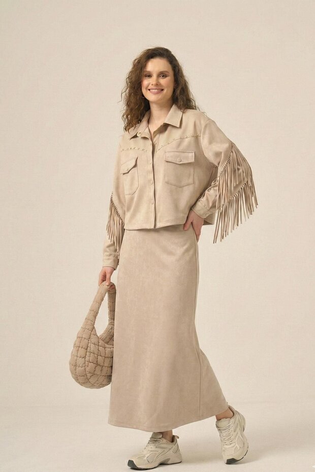 Women's Suede Leather Skirt Suit Beige 31231