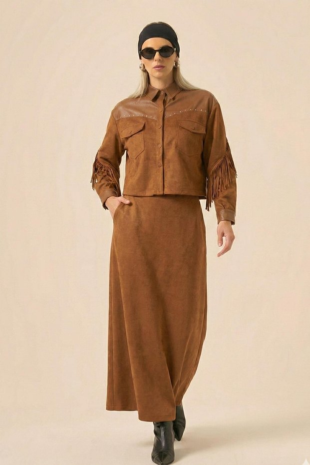 Women's Suede Leather Skirt Suit Brown 31231