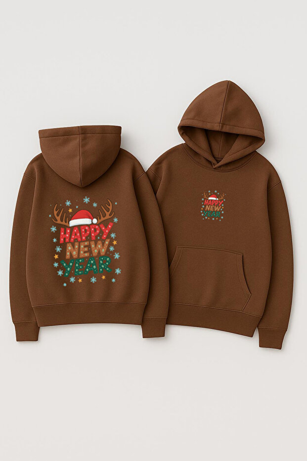 Unisex Hooded Oversized Printed Sweatshirt – Happy New Year with Reindeer Antlers and New Year's Writing