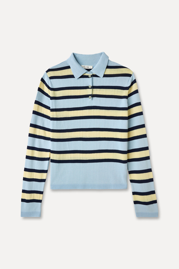 Women's Blue Striped Polo Neck Knitwear Sweater