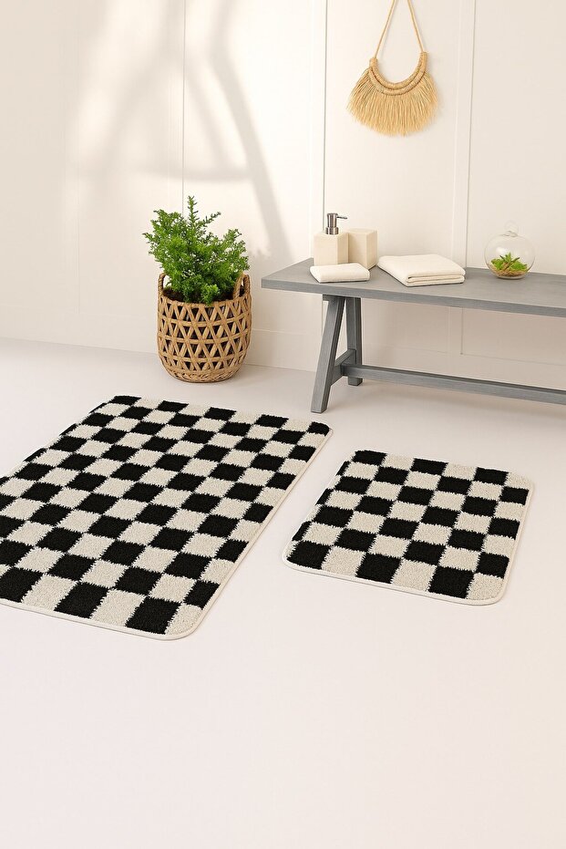 Chess Dama Pattern 2-Piece Bath Mat Bone-Black 80X50 50X40 cm Washable Latex Non-Slip Base