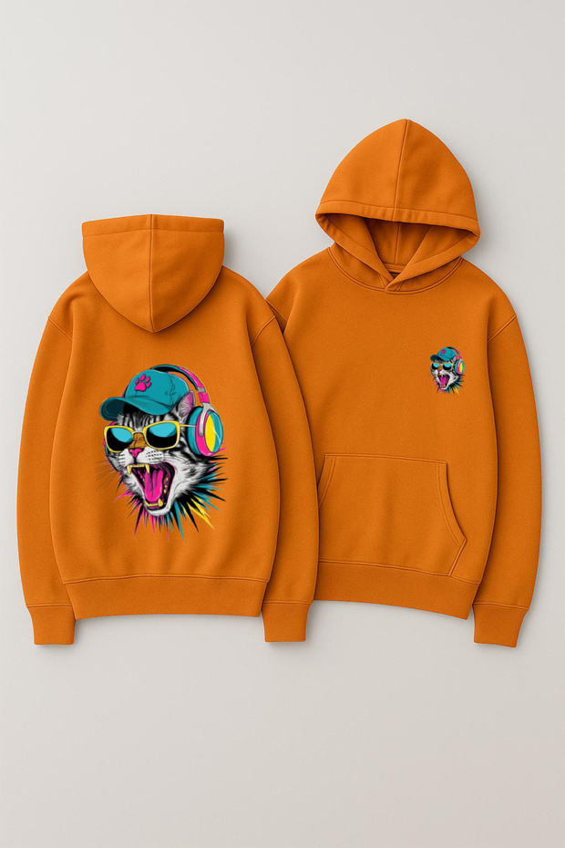 Unisex Hooded Oversized Printed Sweatshirt – Neon Cat Headphones Glasses Streetwear