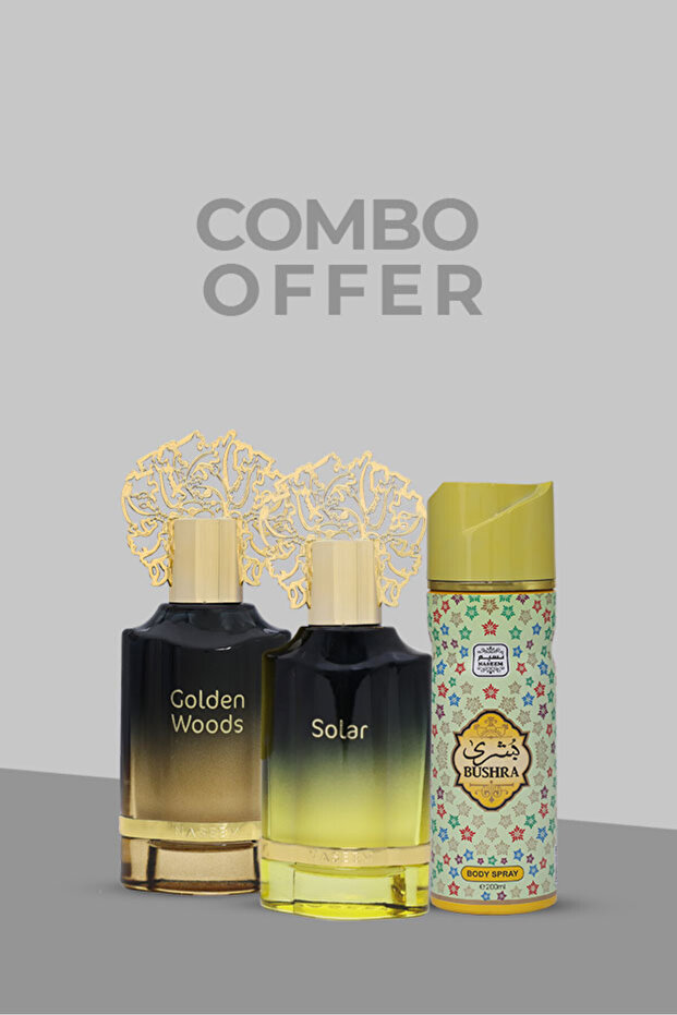 Special Combo(Golden woods -55ml, Solar - 55ml,Bushra spray- 200ml) pack of 3 | for men & Women