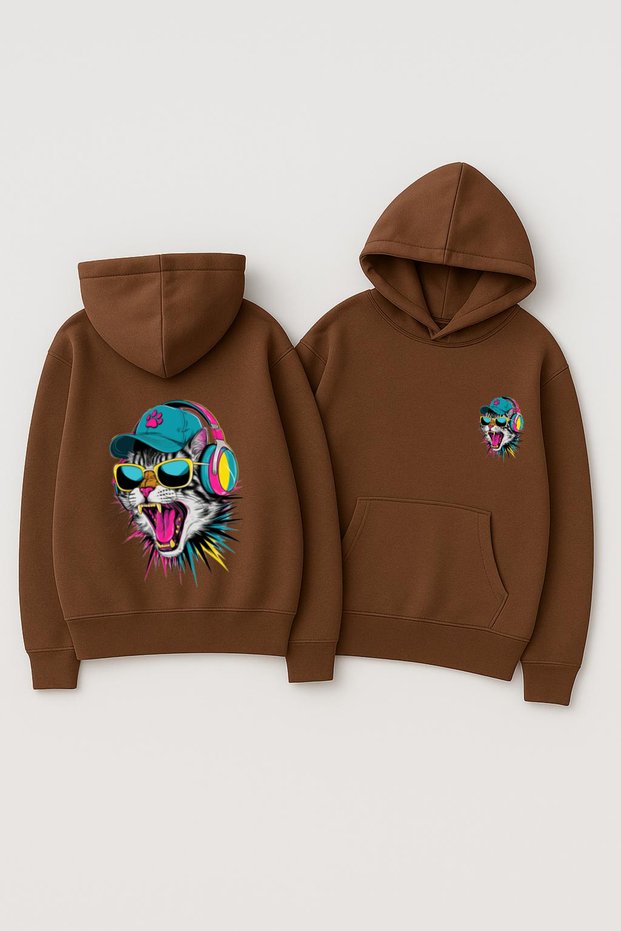 Unisex Hooded Oversized Printed Sweatshirt – Neon Cat Headphones Glasses Streetwear