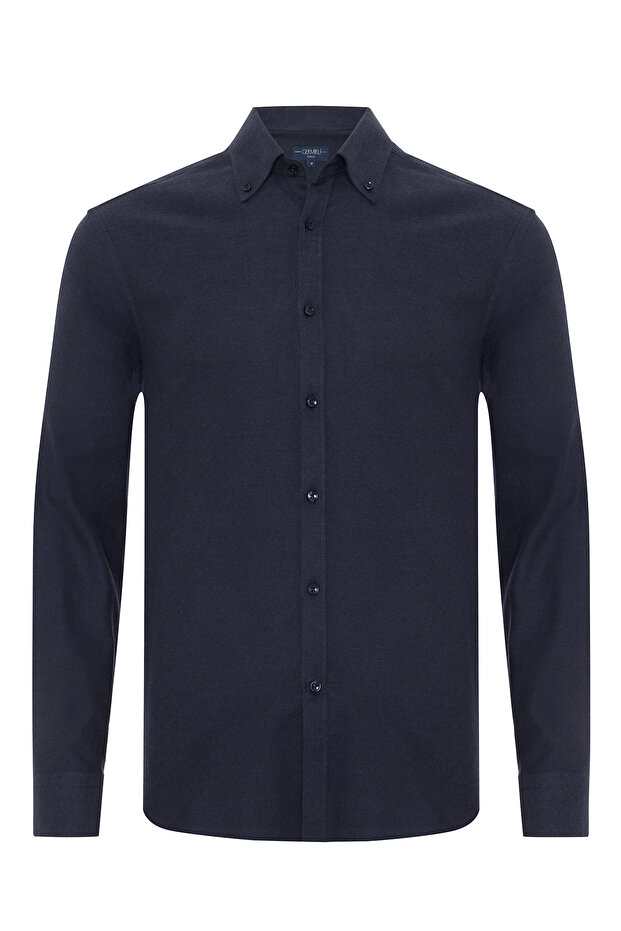 Albini Navy Blue Tailor Fit Buttoned Collar Organic Cotton Flannel Shirt