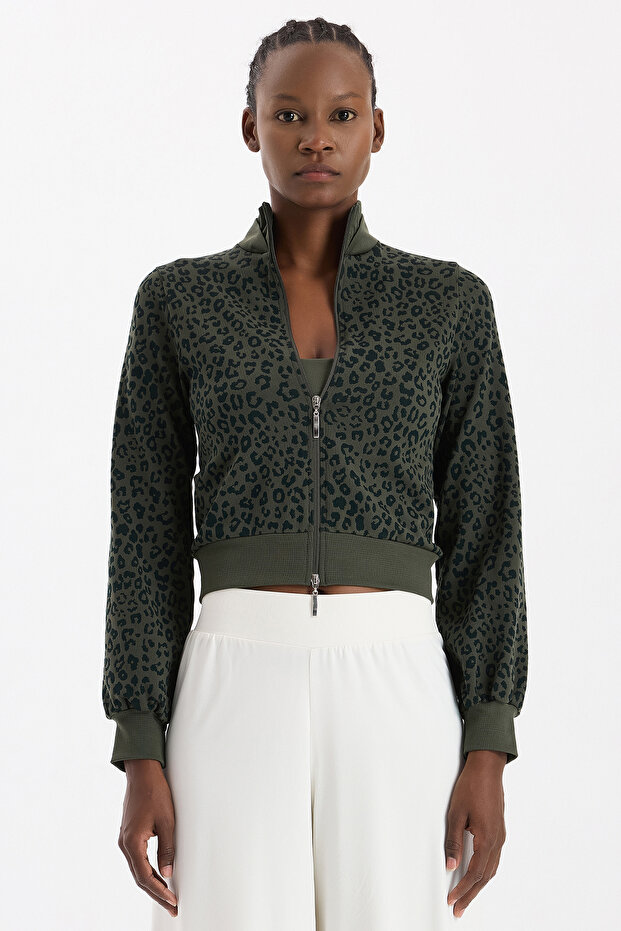 Bomber Jacket Leopard Patterned Dark Leaf Green - 1