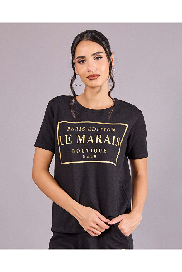 Women Black T-Shirt with Gold Print