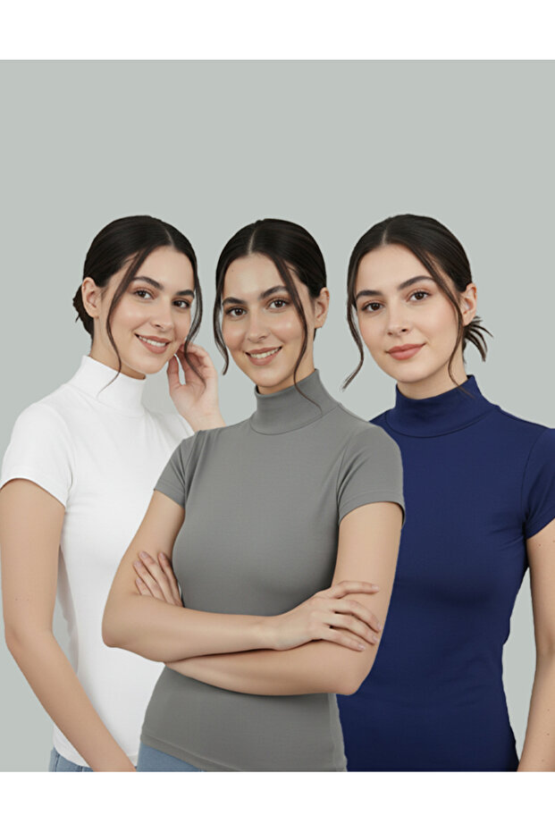 Women's 3-Piece Stretch Fabric Flexible Half Fisherman Short Sleeve Navy Blue - White - Gray Badi
