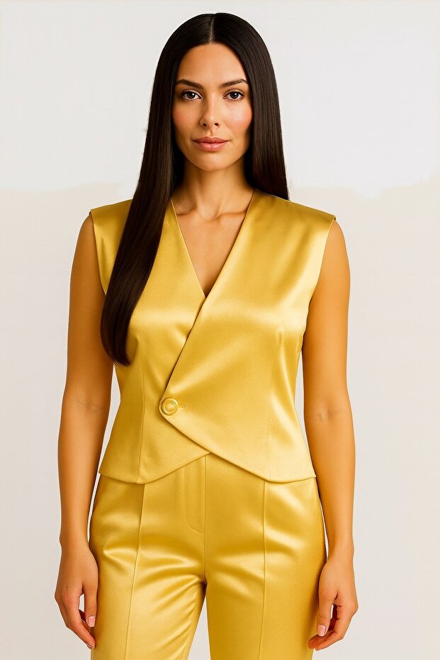 Satin Gold Button Detailed Women's Gold Vest