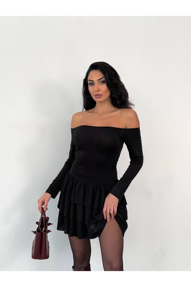 Women's Clothing Black Color Boat Neck Detailed Skirt Layered Ruffled Sandy Fabric Mini Dress.