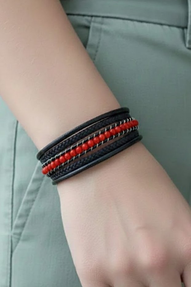 Red Faceted Agate Natural Stone Multi Leather Cord Women's Bracelet
