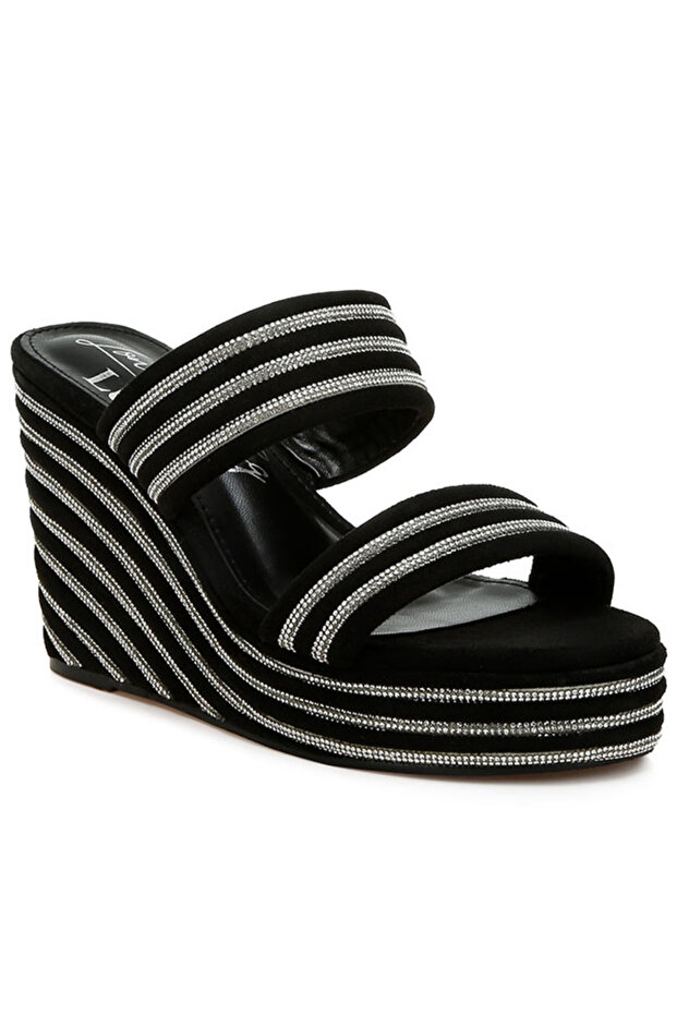 Women Black Rhinestones Embellished Wedge Sandals