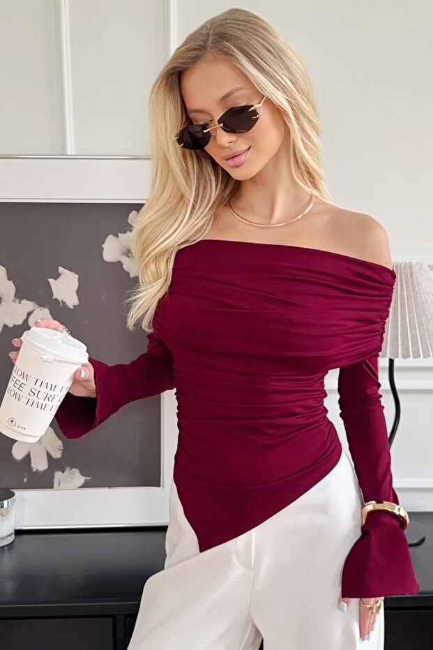 Triangular Hem Long Sleeve Stretchy Blouse WFT9263