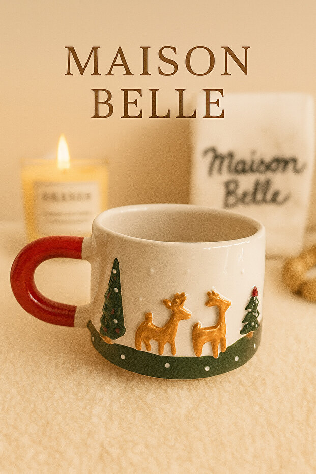 🦌 Maison Belle Real Embossed Reindeer Themed Ceramic Mug – New Year Special Design
