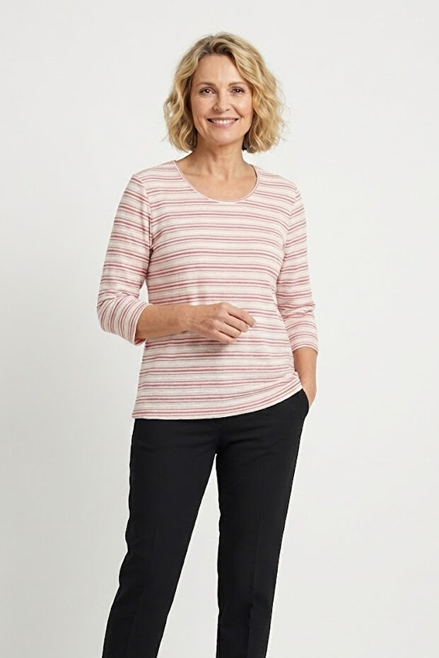 Women's Plus Size Pique Fabric Striped Three Quarter Sleeve Mom Blouse Sweater