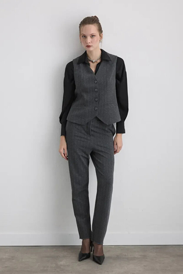 Simli Çizgili Örme Yelek - Gri - 3